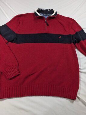 Nautica 1/4 Zip Pullover Sweater Red Navy Striped Spellout Collar XL